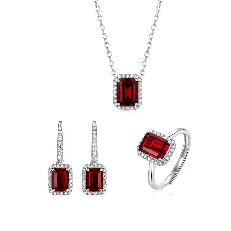 Three-Piece Platinum Plated Bridal Jewelry Set Women 925 Sterling Silver Crystal Emerald Ruby Necklace Pendant Earrings Rings