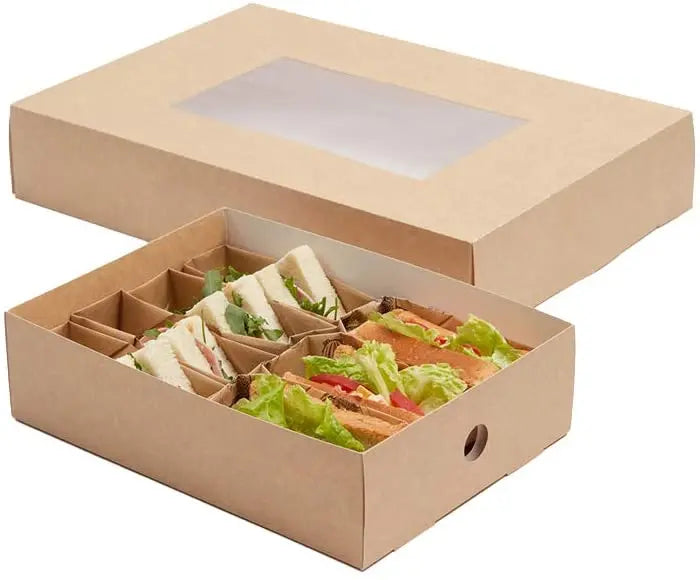Eco Friendly Disposable Kraft Paper Catering Food Tray with clear Window for Restaurant Catering Containers