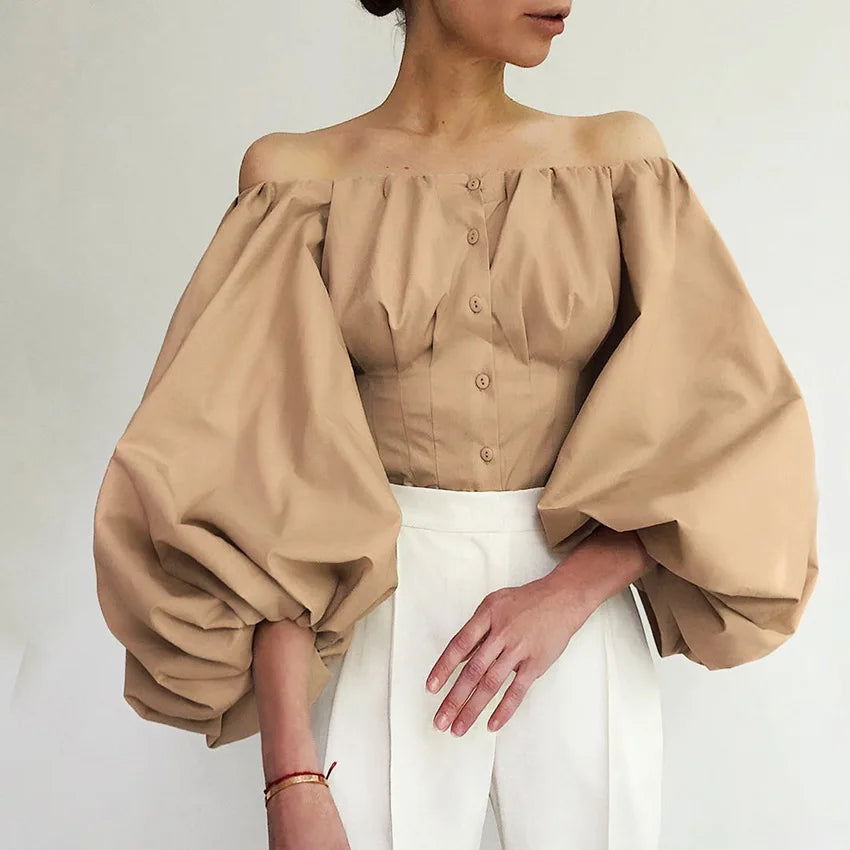 Enyami French Style Spring Fall Vintage Lantern Sleeves Slash Neck Solid Shirt Casual Women Ladies Blouse