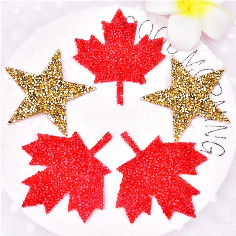 Resin Rhinestone Patches Hot Melt Adhesive Five-pointed Star Red Maple Leaf Shape Applique Hot Stamp Texture Clothing Shoes Bag