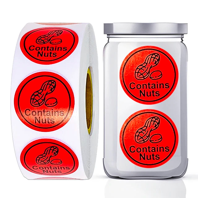 25mm Round Food Warning Labels Allergen Allergy Contains Nuts Gluten Free Soya Free Dairy Free Nut Free Safety Foods Sticker