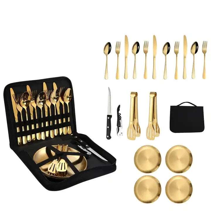 10pcs/20pcs Camping Silverware Set Mirror Polish Stainless Steel Zipper Bag Dinner Plates Spoon Bottle Opener Tongs for Picnic