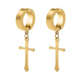 Hypoallergenic Mens Gold Clip on Huggies Earrings Waterproof Trendy Stainless Steel Cross Dangle Clip on Earrings Wholesale
