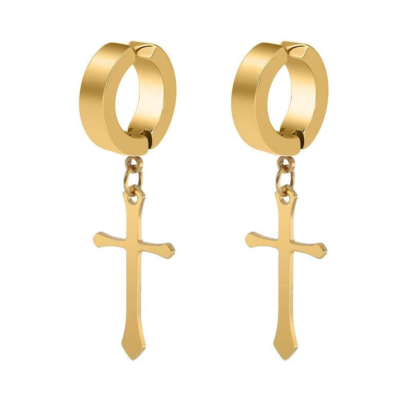 Hypoallergenic Mens Gold Clip on Huggies Earrings Waterproof Trendy Stainless Steel Cross Dangle Clip on Earrings Wholesale