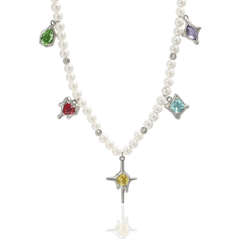 WMXT440 Fashion Trendy 925 Sterling Silver Necklace Multicolor Cubic Zirconia Charms Elegant Pearl Necklaces Jewelry