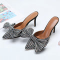 Luxury Rhinestone Bow Tie Pointed Toe High Heels Kitten Heel Mules Crystal Evening Party Women Shoes