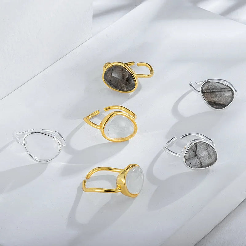 Unique Irregular Gold Plating Bezel Setting Moonstone Finger Ring 925 Sterling Silver Crystal Open Ring for Women