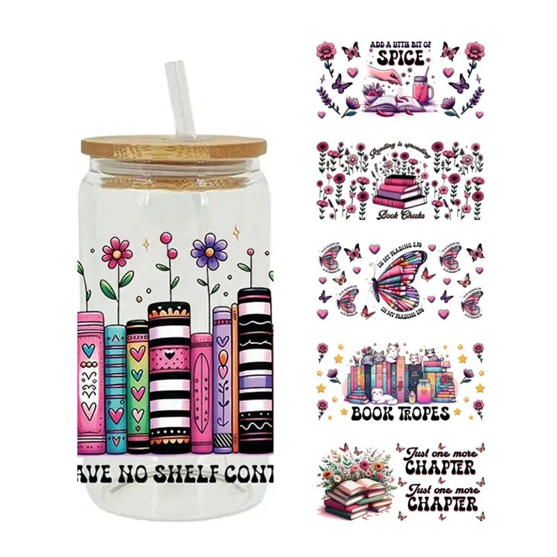 Books Themed UV DTF Transfer Sticker Readers  UV DTF Wraps Stickers Readers Custom UV Prints 16oz Libbey Glass  Can Wrap