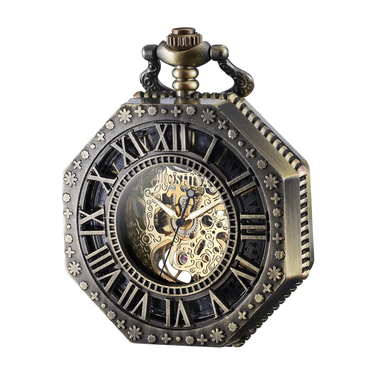 BOSHIYA Wholesale Bulk Silver Bronze Hollow Flower Half Hunter Mechanical Pocket Watch with Black Roman Numerical Dial
