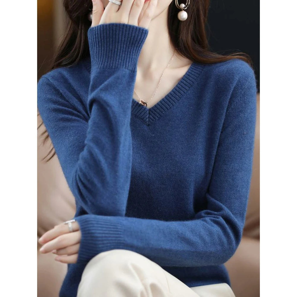 Autumn Winter Solid Color Pullover Casual Wool Long Sleeve Knitted Pullover Loose V-neck Bottom Pullover Sweater for Women