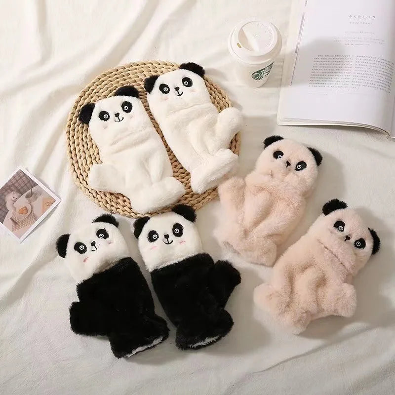 Cute Cat Paw Fluffy Claw Fingerless Gloves Warm Soft Plush Fingerless Panda Glove Half Finger Women Winter Wear Christmas Gifts