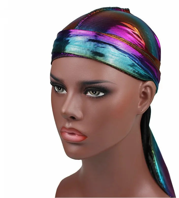 Premium Bandana Durag Unisex Polyester Long Tail Holographic Doo-Rag Bandana 360 Waves Sparkle Colorful Cap Breathable for Adult