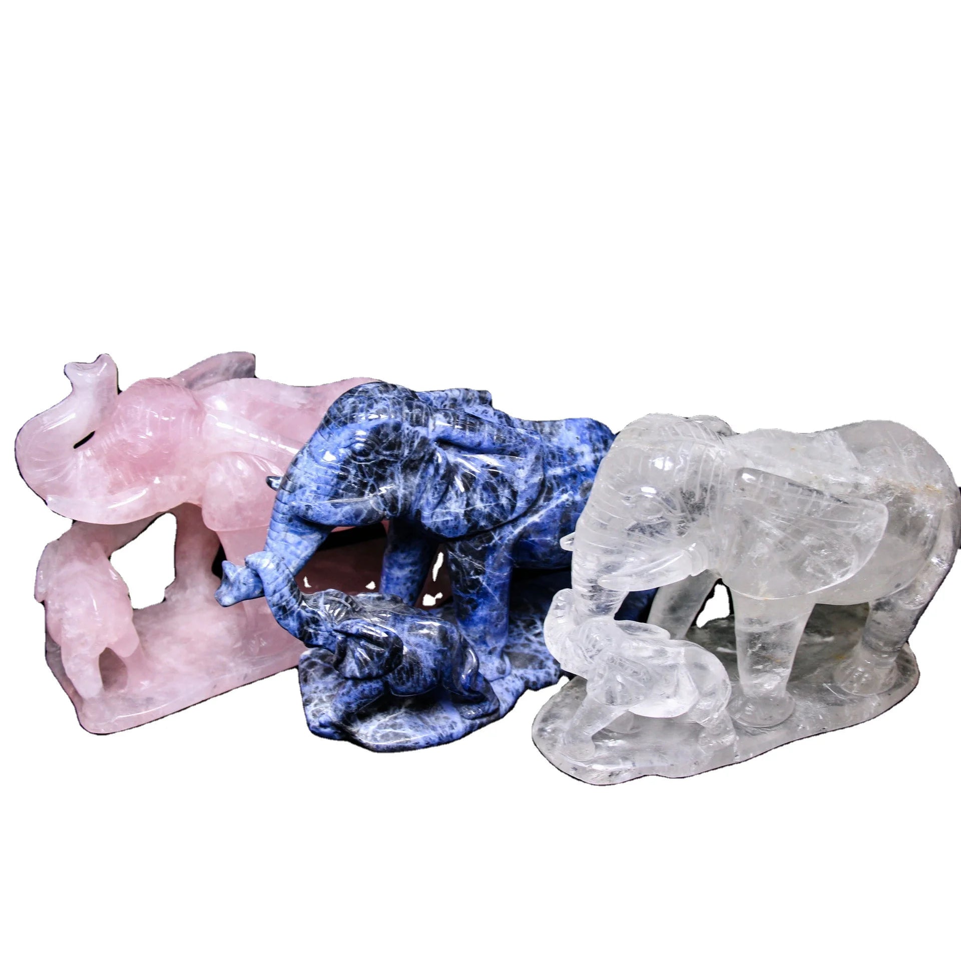 Huiying Natural Rose Quartz 195*140mm Family Sculpture of Sodalite Elephant Mother and Son Statues clear Quartz Decoration Craft