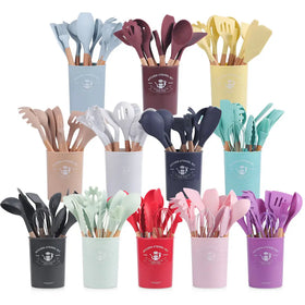 12 Pieces Kitchen Accessories Cooking Utensils Silicone Kitchen Utensils Set With Wooden Handle