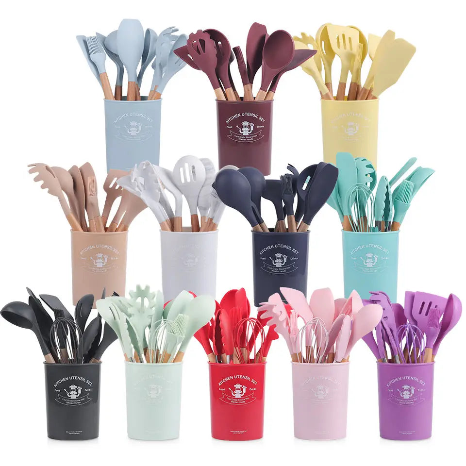 12 Pieces Kitchen Accessories Cooking Utensils Silicone Kitchen Utensils Set With Wooden Handle