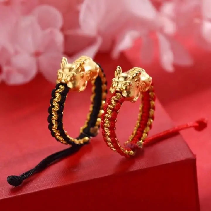 Lucky Pixiu Feng Shui Rings Adjustable Red Black Braided Rope Ring Buddhist Amulet Fortune Rope Pixiu Ring