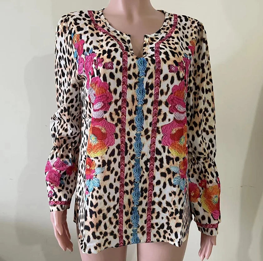 Vintage Western Ethnic Cowgirls Leopard Flower Printed Loose V Neck Flared Long Sleeve Women Tops and Blouses Summer