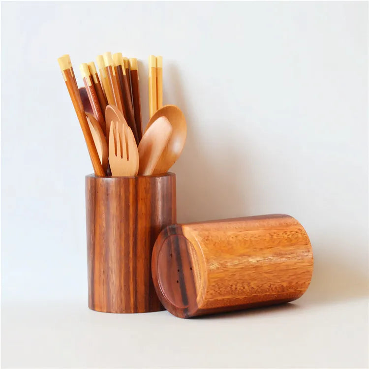 Hot Selling Products on the Shelf Acacia Wood Multi-function Tube Holder Chopsticks Tube