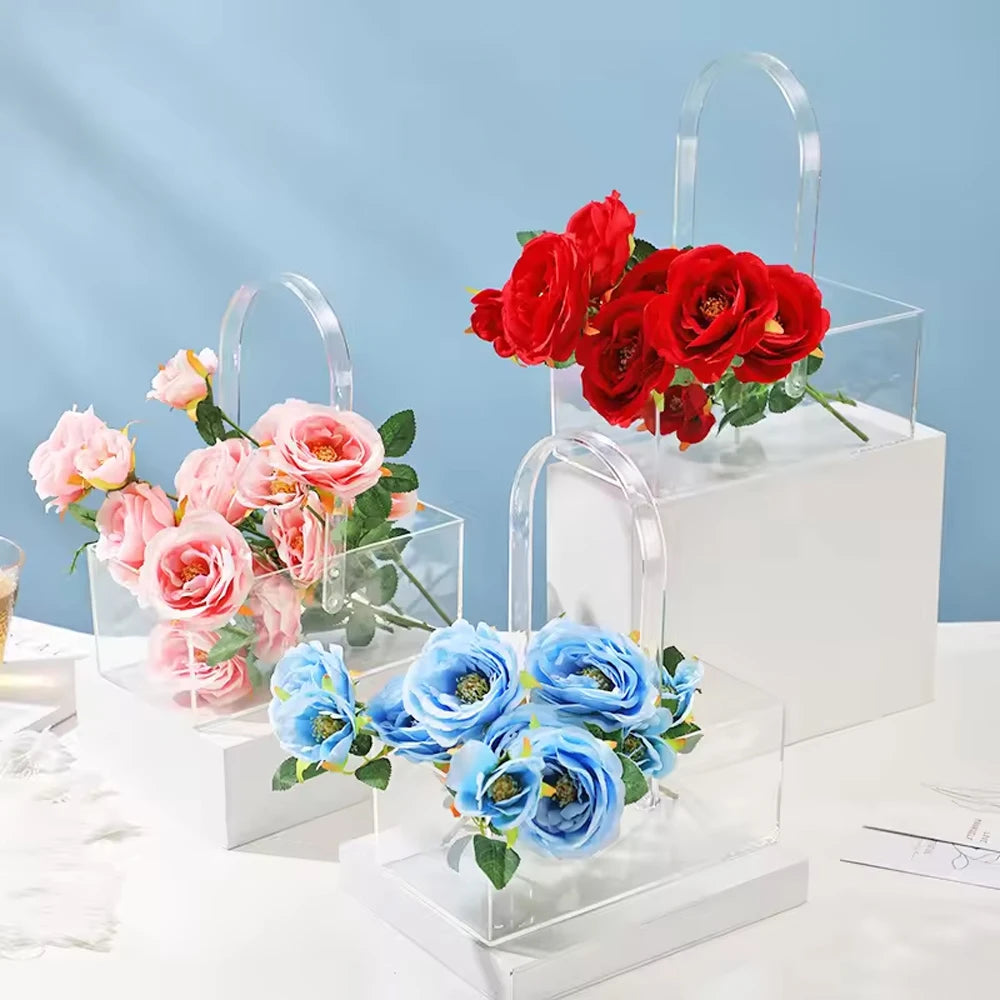 Manufacturer OEM Transparent Wedding Table Decoration Clear Acrylic Flower Basket Box with Handles Acrylic Vases