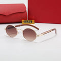 2025 Vintage Luxury Metal Sunglasses for Men Women Brown/Blue Oval Frame with Custom Logo Small Size Wood Color Shade Glasses
