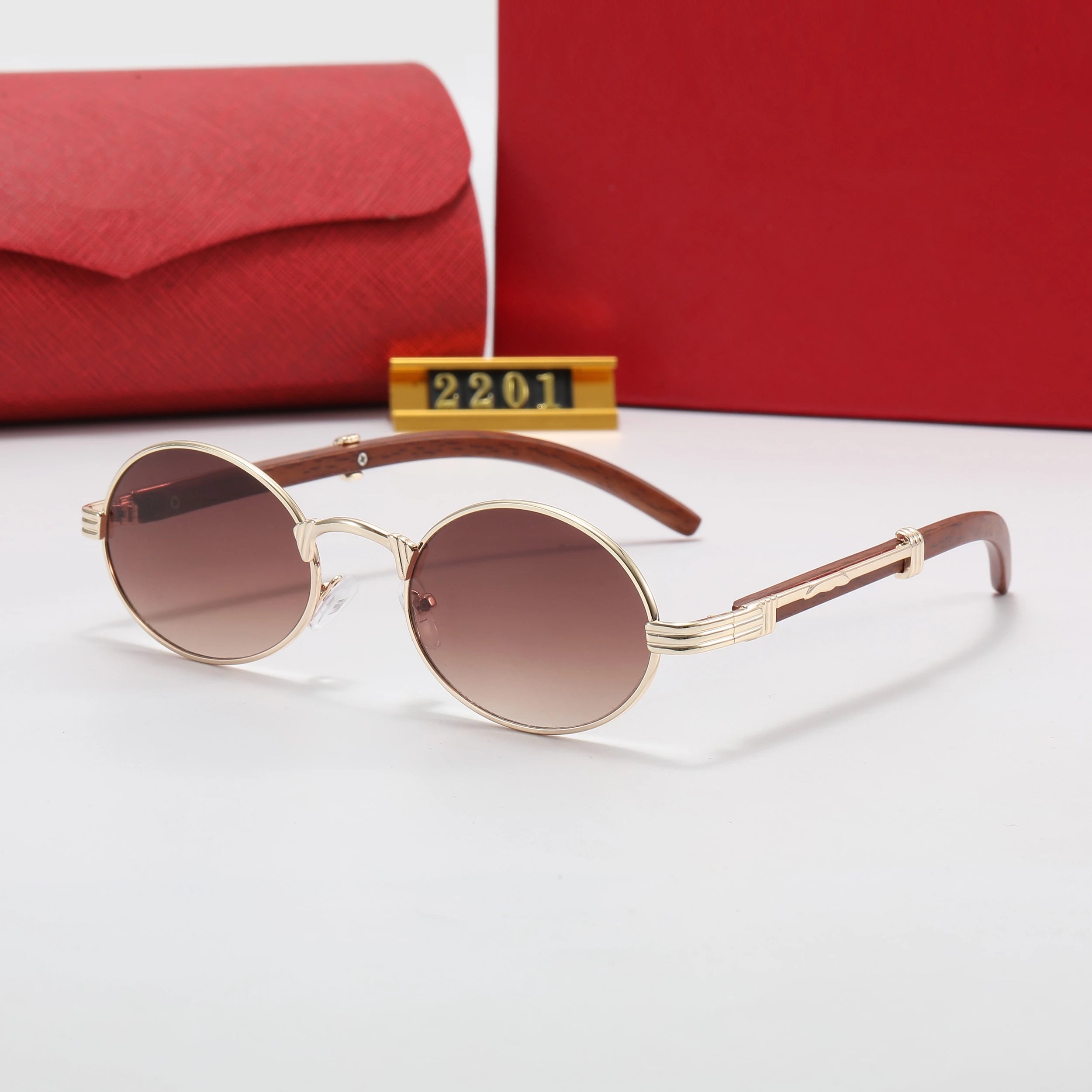 2025 Vintage Luxury Metal Sunglasses for Men Women Brown/Blue Oval Frame with Custom Logo Small Size Wood Color Shade Glasses