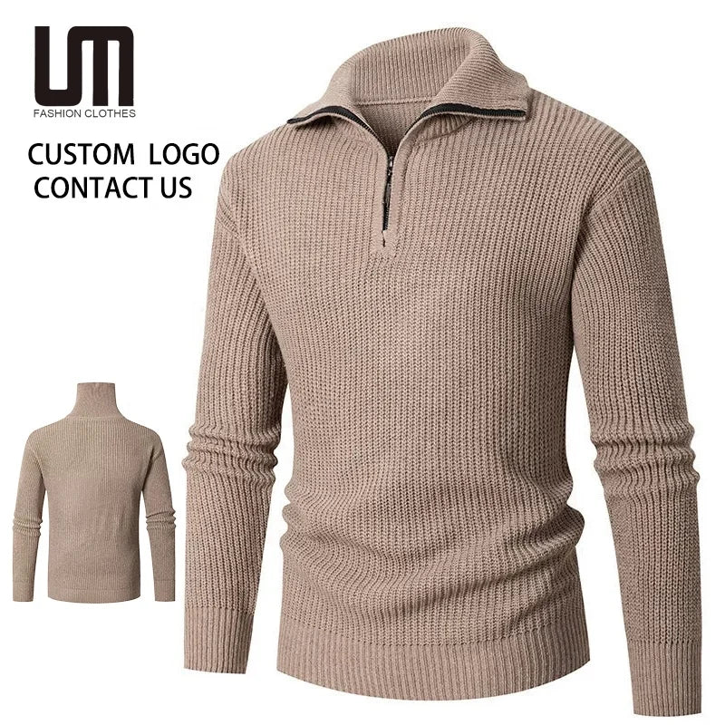 Clearance Sales Autumn Winter Men Casual Slim Fit Zip-Up Knit Pullover - Solid Color Sweater