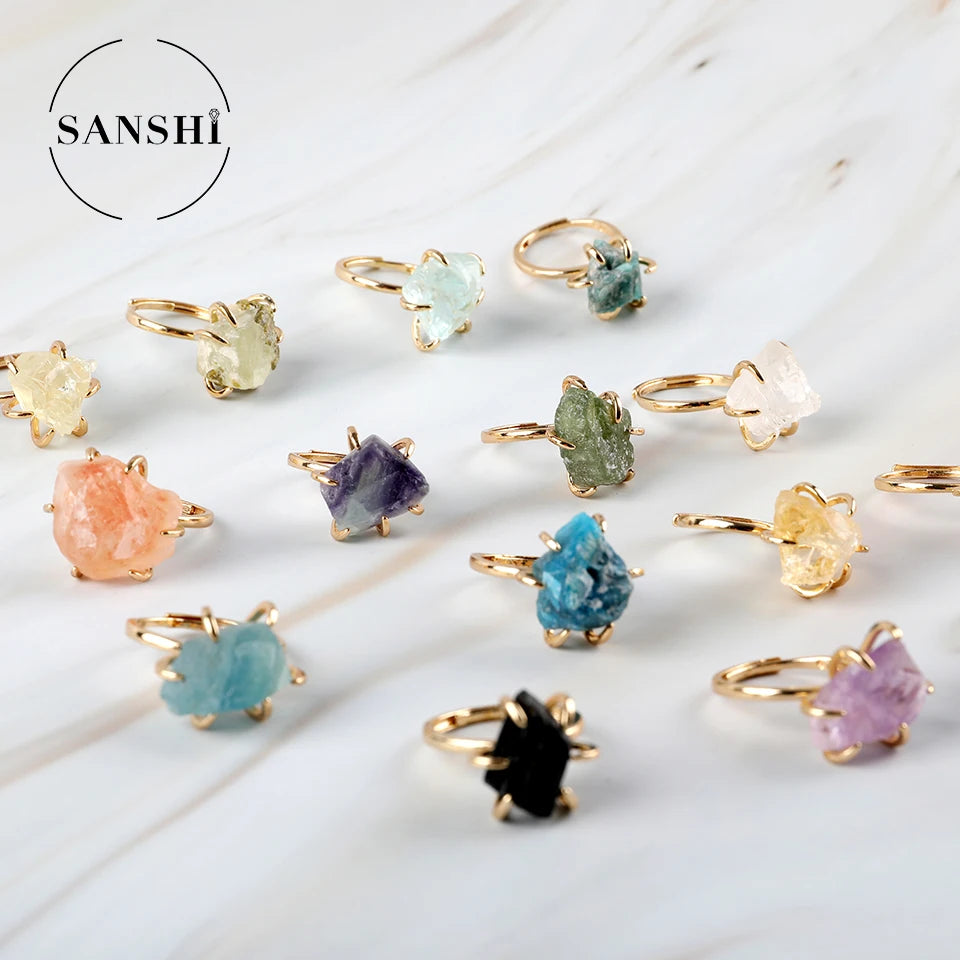 Natural Black Tourmaline Amethyst Adjustable Crystal Rings Boho Stone Quartz Irregular Wire Winding Natural Gem Ring