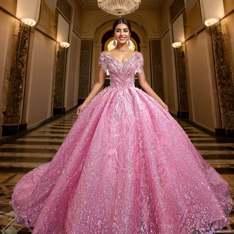 Pink Floral Appliques Lace Quinceanera Dresses Ball Gown Beading Sweet 15 Party 6612