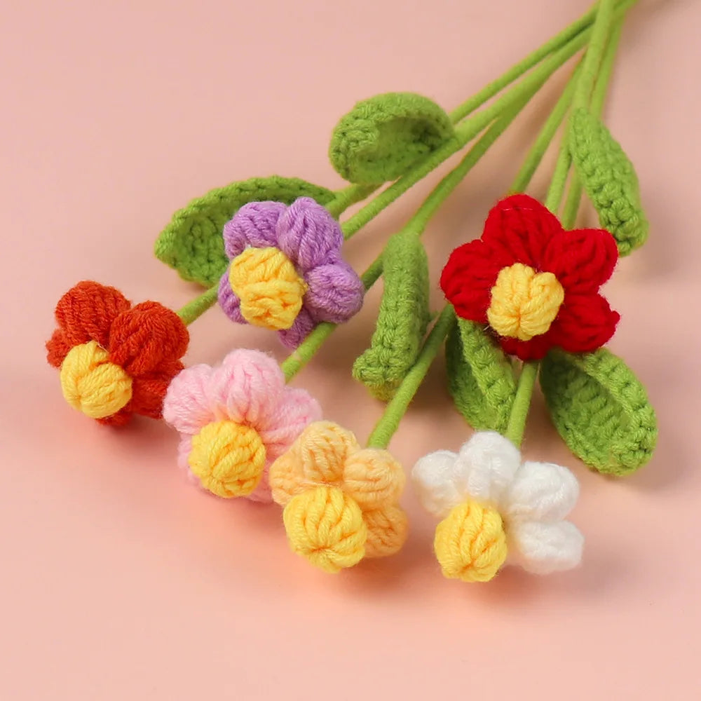 High Click Multi Color Crochet Puff Flower Branch with Leaves Wholesale Artificial Woolen Knitted Flower Ornament Gifts
