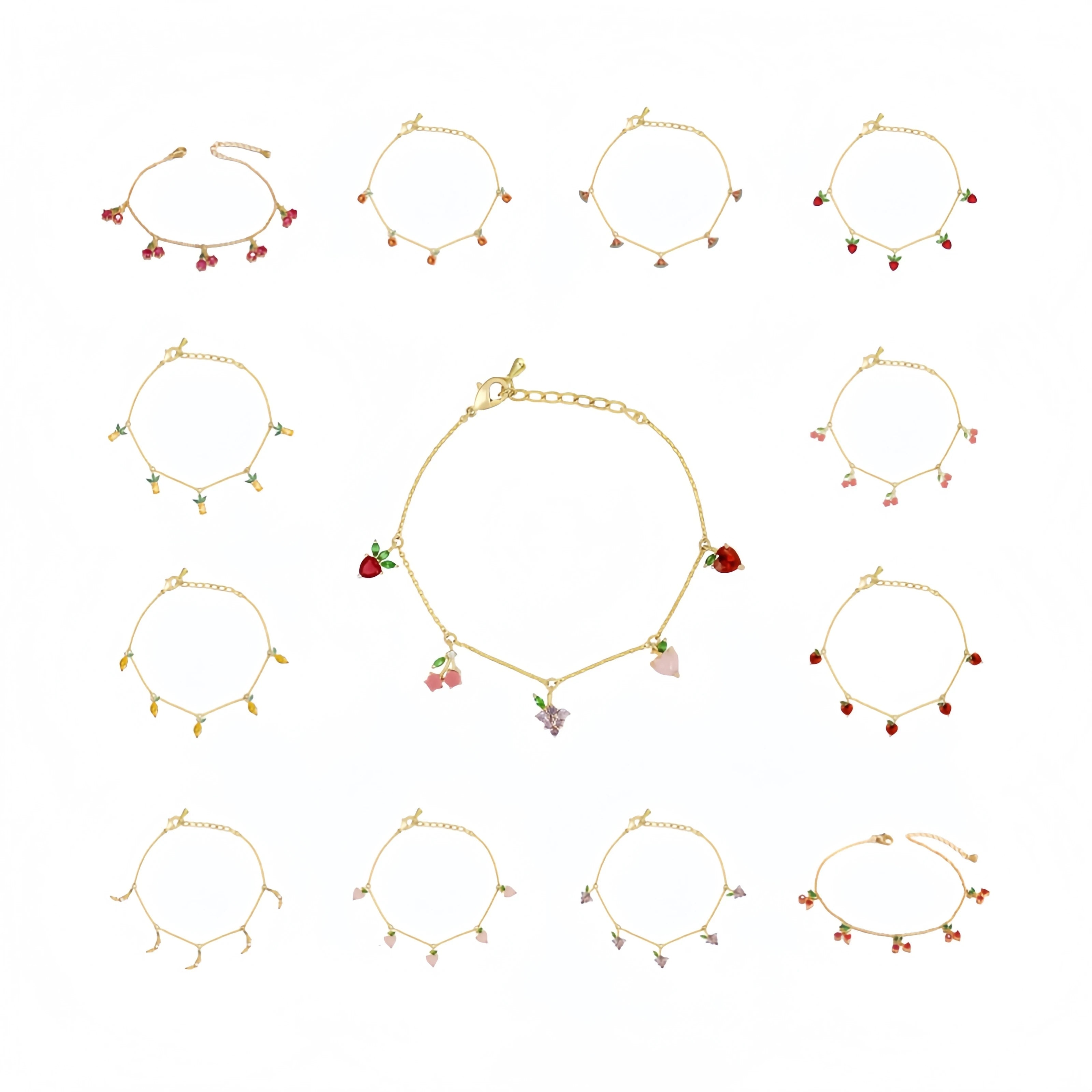 Cute Women's Fruit Chain Bracelet with Cherry Strawberry Green Leaves Diamond Ruby Stones in Heart Shape Tassel Design