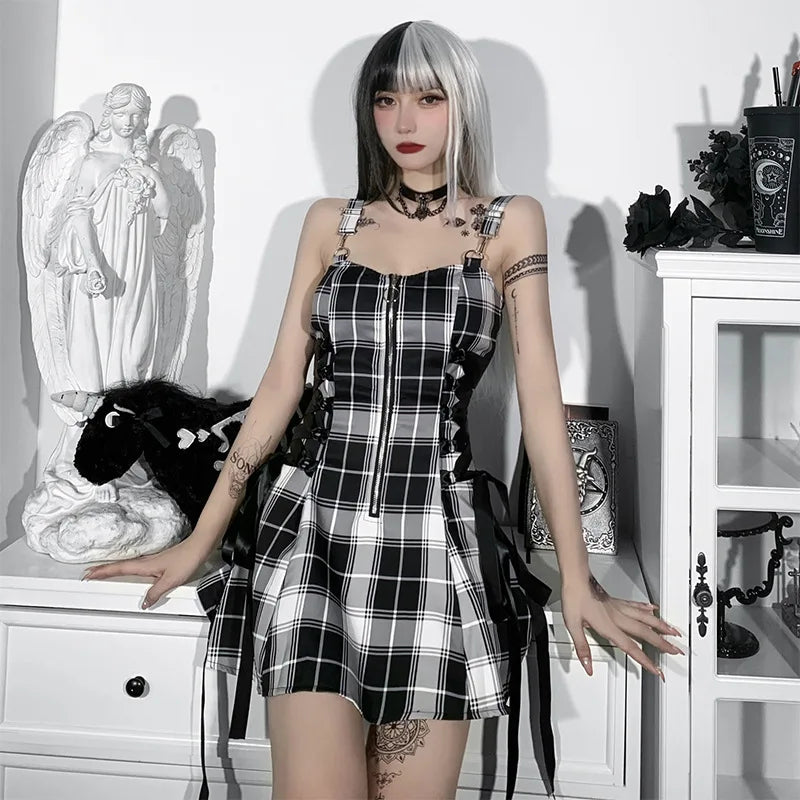 Gothic Plaid for Black Blue Women's Vintage Sleeveless Zipper Sexy Mini Dress Punk Aesthetic Summer Eco-Friendly Natural