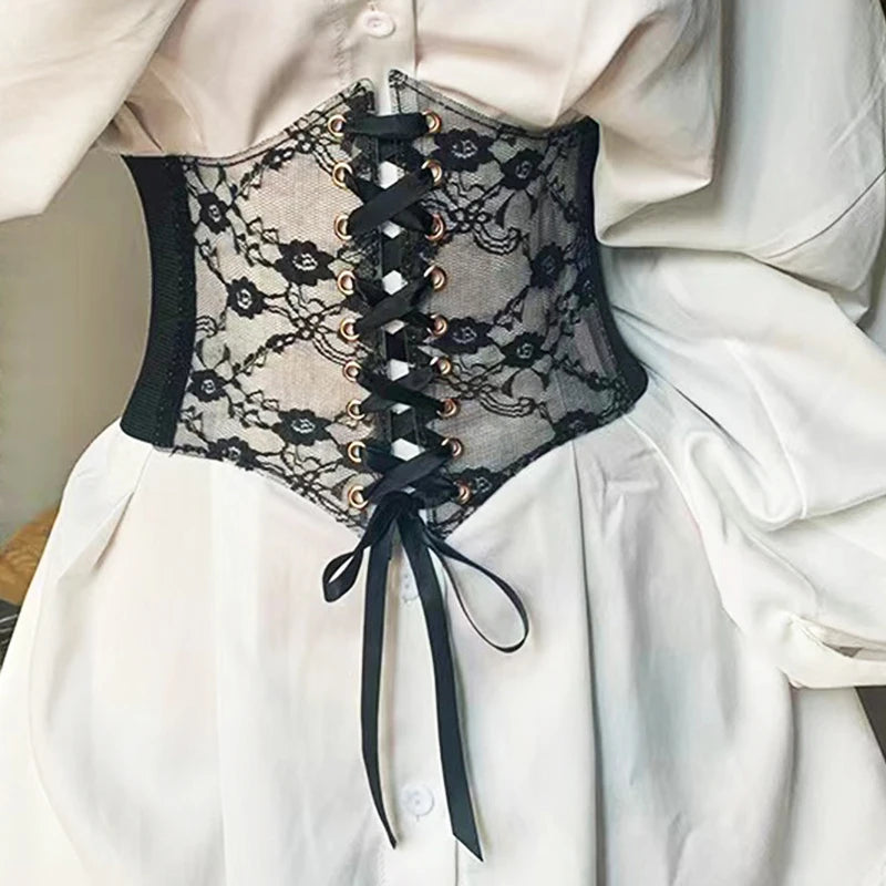New Lace up Waistband Party Clothing Dress Belts for Women Vintage Lace Crochet Petal Wide Elastic Corset Waist Belt for Girls