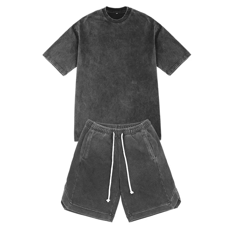 Custom Men's Summer Casual Short Tracksuit Vintage Breathable Spandex/Cotton Cropped Screen Print T-Shirt Shorts Set Crop Top