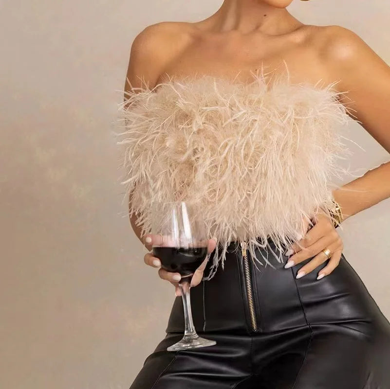 Fashion Women Ladies Summer Ostrich Feather Top Feather Corsets Party Ostrich Feather Crop Tops