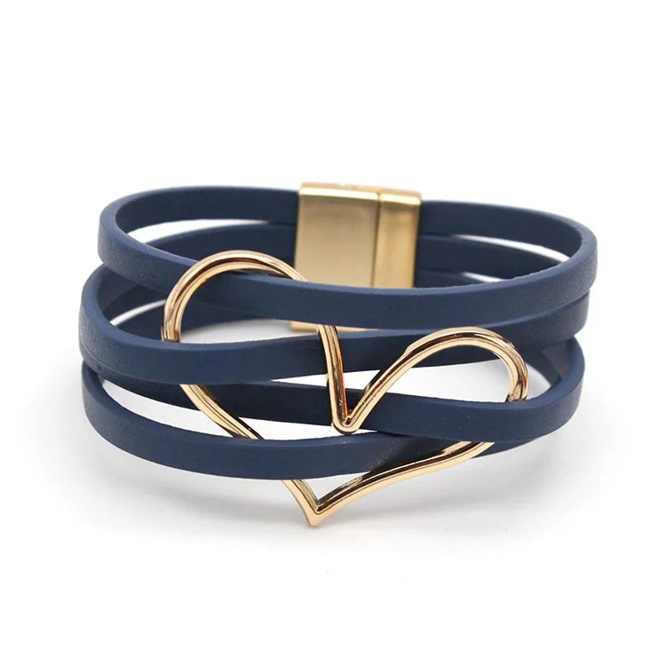 Bohemian Crossover Leather Bracelet Metal Love Leather Cuff Bracelet Multi-layered Magnetic Clasp Leather Bracelet Women
