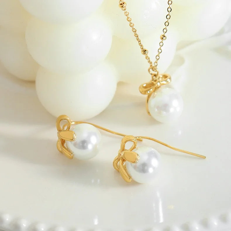 Imitation Pearl Bow Titanium Steel 18k Gold Necklace collar de acero inoxidable pendientes
