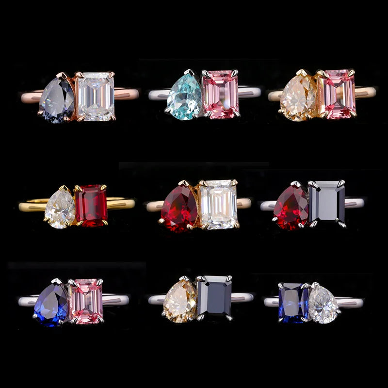 Starsgem Artificial Colored Stone Fine Jewelry Ring Sliver 9K 10K 14K 18K Gold Two Stone Rings