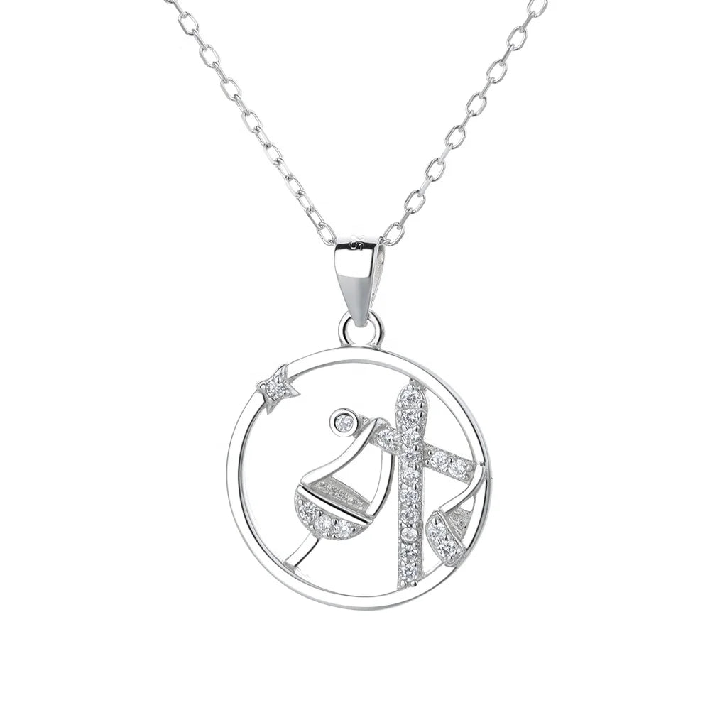 Astrology Halo Women 925 Silver 12 Libra Zodiac Round Pendant Necklace for Women Fine Jewelry Necklace for Girls Birthday Gifts