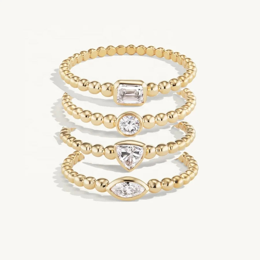 LOZRUNVE 925 Sterling Silver Elegant Central Solitaire Diamond CZ Stone Beaded Band Ring Set Jewelry 14k 18k Gold