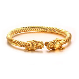 Ready to Ship Punk Jewelry 18K Gold Plated Dragon Cuff Bracelet Stainless Steel Double Dragon Heads Bangle Bracelet for Men Gift