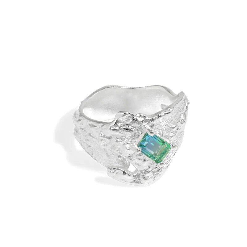 Irregular Concave-Convex Fashion Irregular Texture Crystal Stone  925 Sterling Silver Adjustable Ring