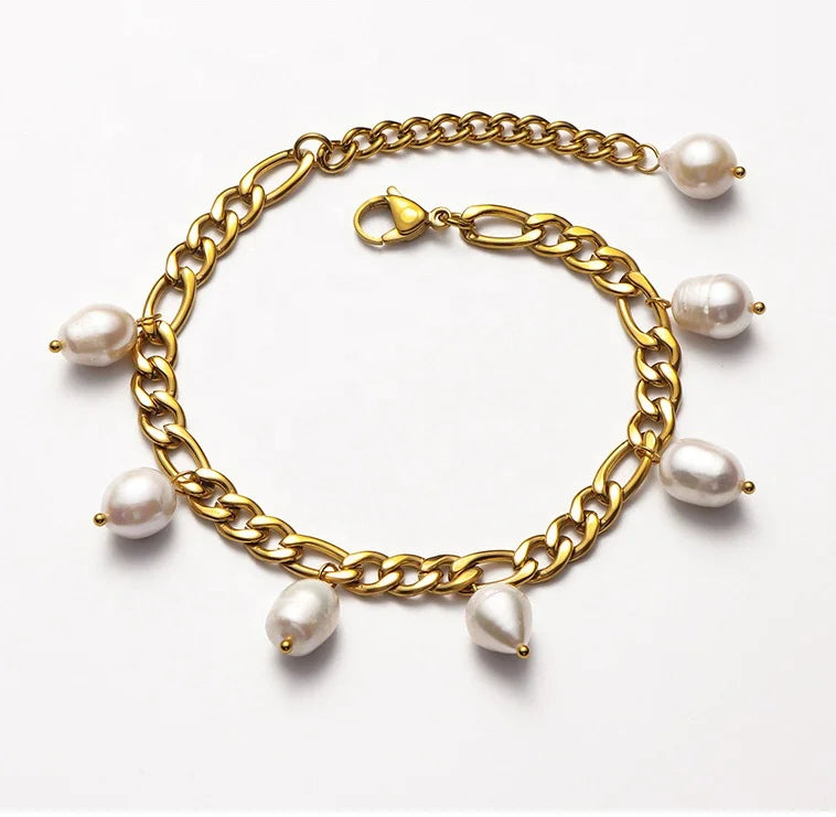 Customized Stainless Steel NK Figaro Chain Bracelet Drop with Natural Fresh Water Pearl Pendants