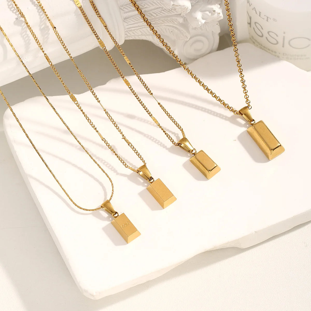 HB522 Stainless Steel Gold bar Wealth Pendant Necklace square Charm High Quality Chain Hypoallergenic Jewelry for Wholesale