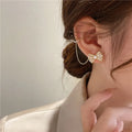 Hot Sell Rhinestone Pearl Cuff Earrings Long Butterfly Tassel Pierced Ear Bone Clip 925 Silver Bow Earrings Set