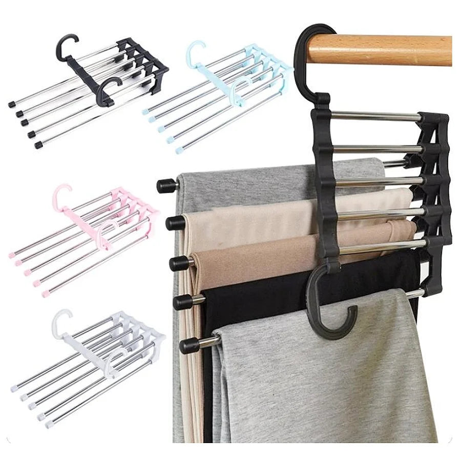2024 Newest Fashion 5 in 1 Pant Rack Shelves Stainless Steel Clothes Hangers Multi-functional Wardrobe Hot Sale Hanger