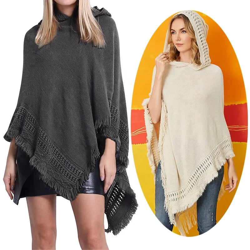 Fashion Tassel Knitted Shawls White Crochet Top Winter Cloak Long Wrap Sweater Travel Clothes Hooded Poncho Cape Coat