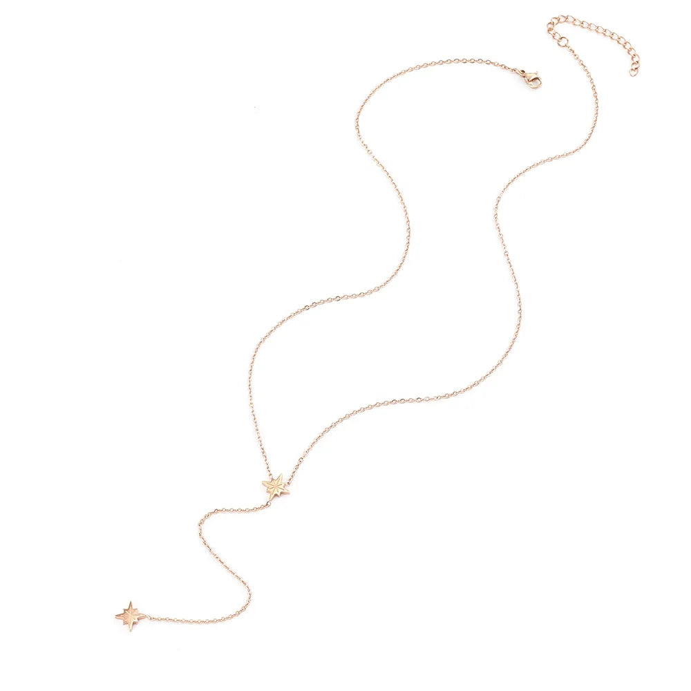316L Stainless Steel Star Y Choker Necklace Gold Plated Twisted Singapore Chain Two Star-Shaped Platelets Minimalist Anniversary MegaBDM