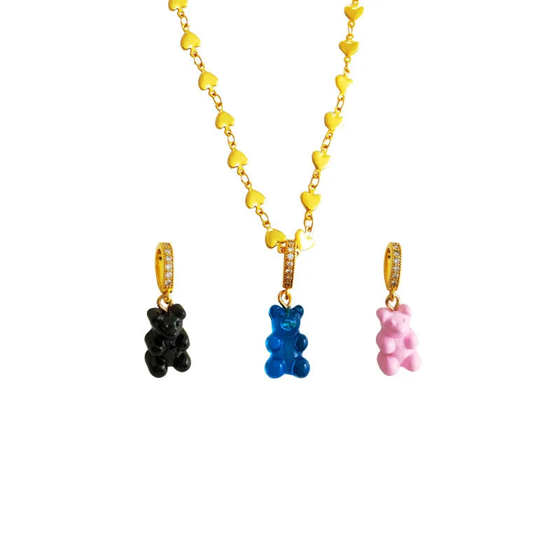 Real Gold Plating Copper Colorful Resin Teddy Bear Pendant Charm for Women Necklace