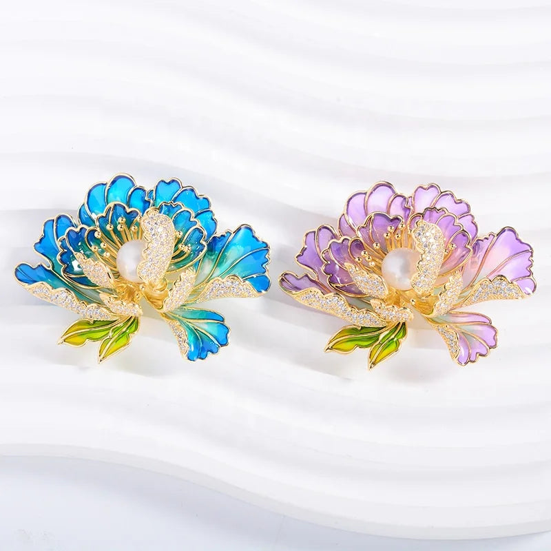 Luxury Chinese Style Freshwater Pearl Colorful Enamel Peony Brooch Pin Lapelpin Cubic Zircon Coat Gifts Corsage Flower Breastpin