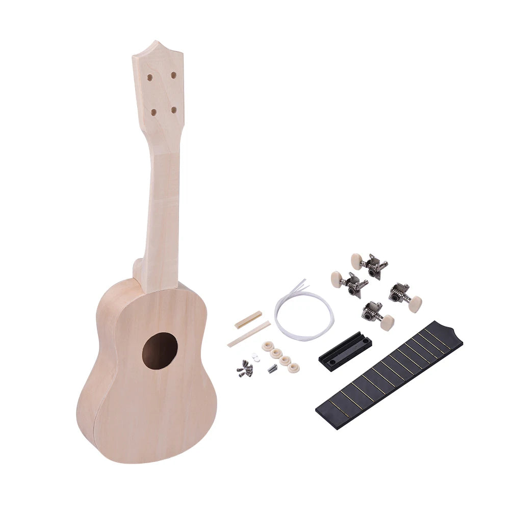 21 Inches Unfinished DIY Ukulele Ukelele Uke Kit Basswood Body & Neck Plastic Fingerboard & Bridge Nylon String for Ukulele Love